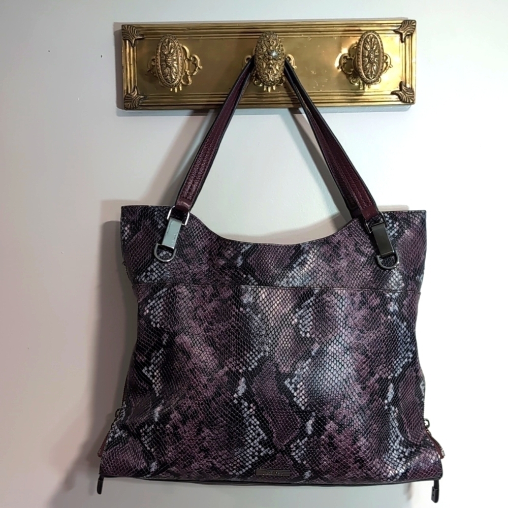 Vince Camuto Genuine Snake Embossed Leather Purple/Black Emely Tote Bag.